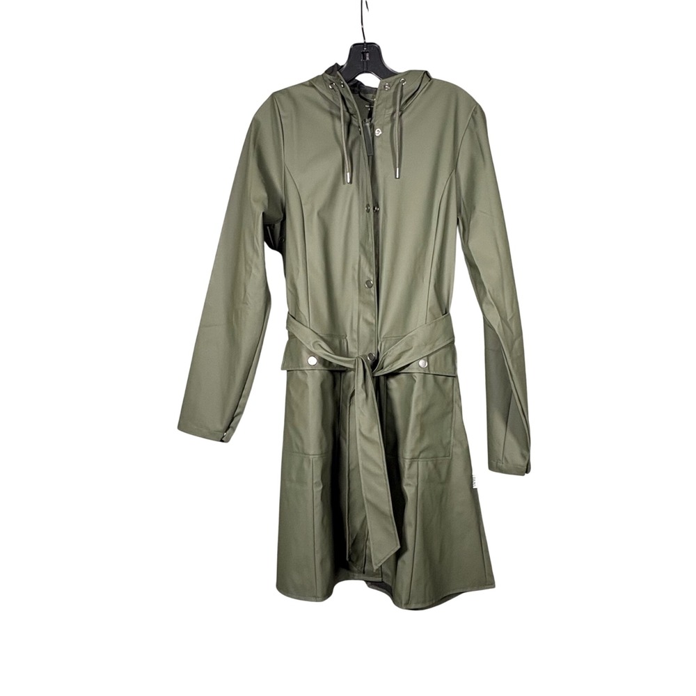 RAINS Curve Long Jacket Green Waterproof Hooded Belted Raincoat Small